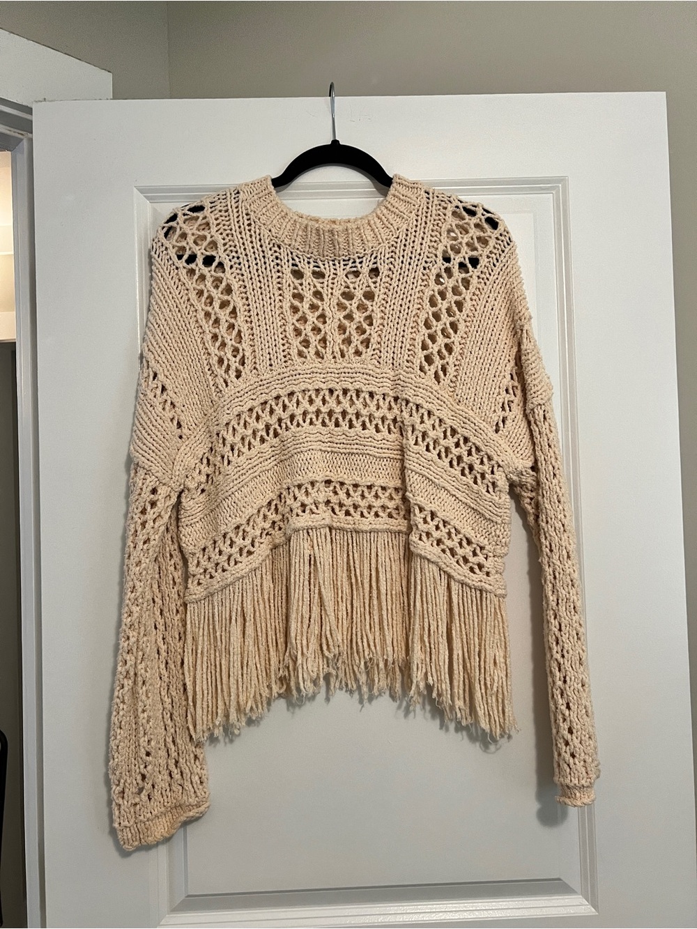 Free People Cream Openwork Fringe Crewneck Sweater